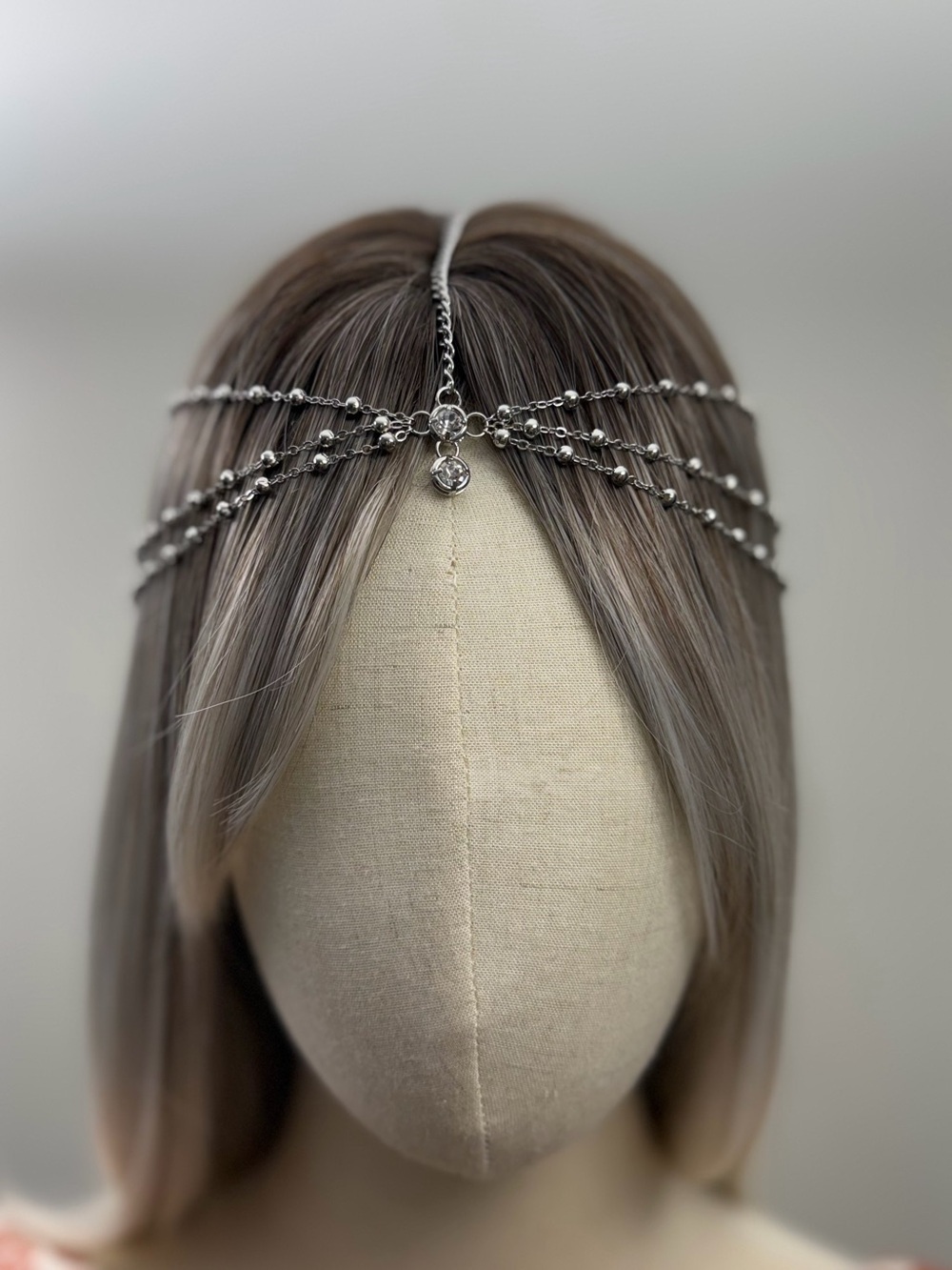 Silver Layered Beaded Head Chain Rhinestone Forehead Headpiece Boho Crown